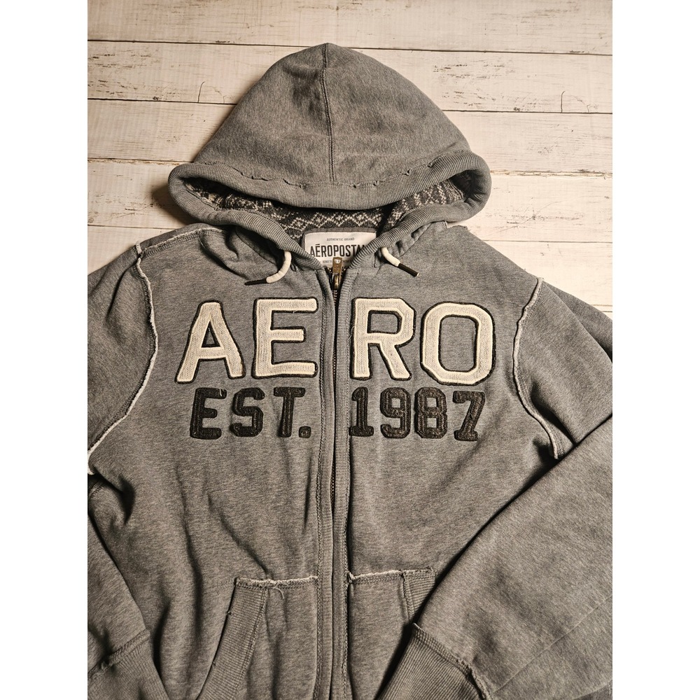 Aeropostale Mens L Heavyweight Distressed Full Zip Hoodie Y2K Grunge Fair‎ Isle